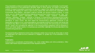 Page 53 © Hortonworks Inc. 2011 – 2015. All Rights Reserved
This presentation contains forward-looking statements involving risks and uncertainties. Such forward-
looking statements in this presentation generally relate to future events, our ability to increase the
number of support subscription customers, the growth in usage of the Hadoop framework, our ability
to innovate and develop the various open source projects that will enhance the capabilities of the
Hortonworks Data Platform, anticipated customer benefits and general business outlook. In some
cases, you can identify forward-looking statements because they contain words such as “may,” “will,”
“should,” “expects,” “plans,” “anticipates,” “could,” “intends,” “target,” “projects,” “contemplates,”
“believes,” “estimates,” “predicts,” “potential” or “continue” or similar terms or expressions that concern
our expectations, strategy, plans or intentions. You should not rely upon forward-looking statements as
predictions of future events. We have based the forward-looking statements contained in this
presentation primarily on our current expectations and projections about future events and trends that
we believe may affect our business, financial condition and prospects. We cannot assure you that the
results, events and circumstances reflected in the forward-looking statements will be achieved or
occur, and actual results, events, or circumstances could differ materially from those described in the
forward-looking statements.
The forward-looking statements made in this prospectus relate only to events as of the date on which
the statements are made and we undertake no obligation to update any of the information in this
presentation.
Trademarks
Hortonworks is a trademark of Hortonworks, Inc. in the United States and other jurisdictions. Other
names used herein may be trademarks of their respective owners.
Page 53 © Hortonworks Inc. 2011 – 2015. All Rights Reserved
 