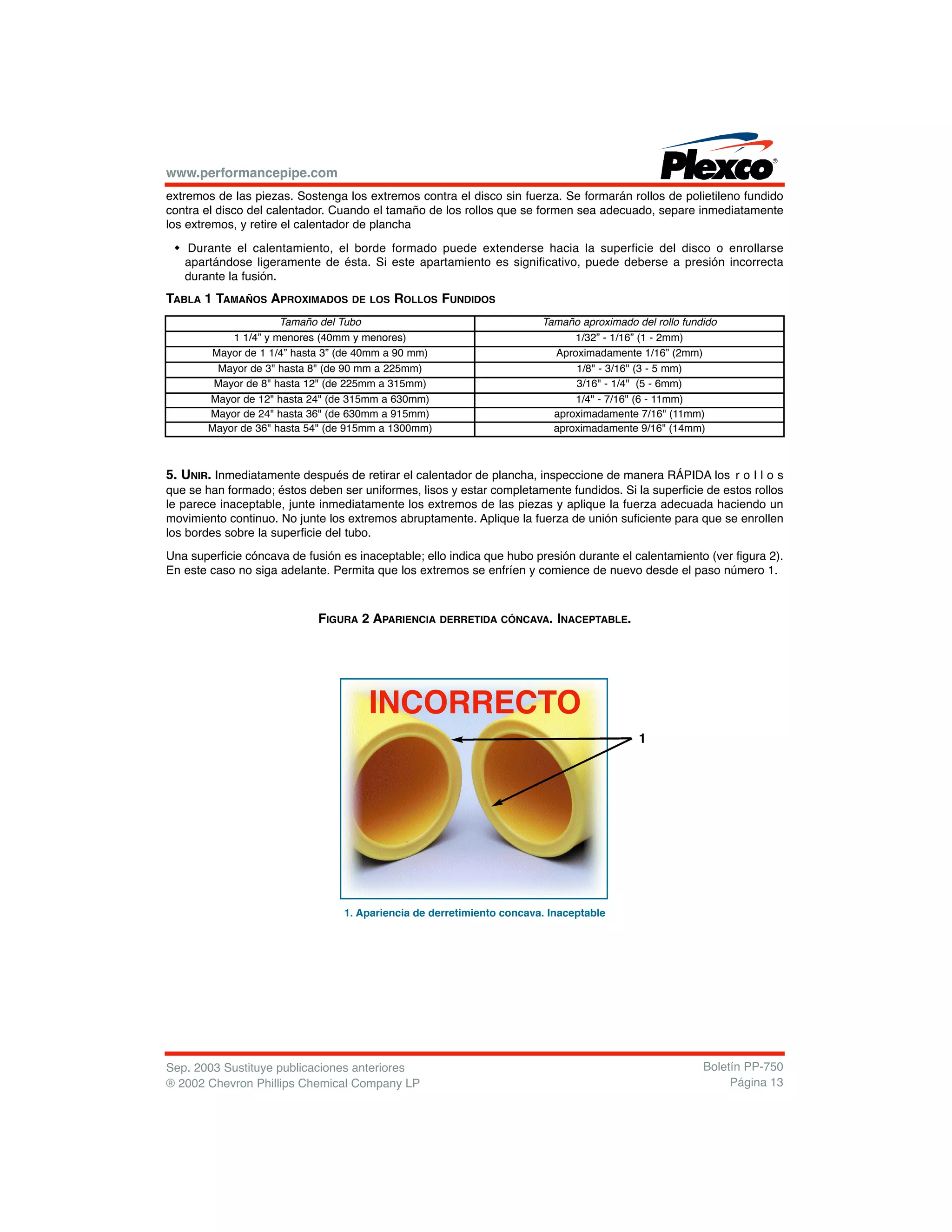 www.performancepipe.com
extremos de las piezas. Sostenga los extremos contra el disco sin fuerza. Se formarán rollos de polietileno fundido
contra el disco del calentador. Cuando el tamaño de los rollos que se formen sea adecuado, separe inmediatamente
los extremos, y retire el calentador de plancha
w Durante el calentamiento, el borde formado puede extenderse hacia la superficie del disco o enrollarse
apartándose ligeramente de ésta. Si este apartamiento es significativo, puede deberse a presión incorrecta
durante la fusión.
TABLA 1 TAMAÑOS APROXIMADOS DE LOS ROLLOS FUNDIDOS
5. UNIR. Inmediatamente después de retirar el calentador de plancha, inspeccione de manera RÁPIDA los r o l l o s
que se han formado; éstos deben ser uniformes, lisos y estar completamente fundidos. Si la superficie de estos rollos
le parece inaceptable, junte inmediatamente los extremos de las piezas y aplique la fuerza adecuada haciendo un
movimiento continuo. No junte los extremos abruptamente. Aplique la fuerza de unión suficiente para que se enrollen
los bordes sobre la superficie del tubo.
Una superficie cóncava de fusión es inaceptable; ello indica que hubo presión durante el calentamiento (ver figura 2).
En este caso no siga adelante. Permita que los extremos se enfríen y comience de nuevo desde el paso número 1.
FIGURA 2 APARIENCIA DERRETIDA CÓNCAVA. INACEPTABLE.
Sep. 2003 Sustituye publicaciones anteriores
® 2002 Chevron Phillips Chemical Company LP
Boletín PP-750
Página 13
Tamaño del Tubo Tamaño aproximado del rollo fundido
1 1/4” y menores (40mm y menores) 1/32” - 1/16” (1 - 2mm)
Mayor de 1 1/4” hasta 3” (de 40mm a 90 mm) Aproximadamente 1/16” (2mm)
Mayor de 3" hasta 8" (de 90 mm a 225mm) 1/8" - 3/16" (3 - 5 mm)
Mayor de 8" hasta 12" (de 225mm a 315mm) 3/16" - 1/4" (5 - 6mm)
Mayor de 12" hasta 24" (de 315mm a 630mm) 1/4" - 7/16" (6 - 11mm)
Mayor de 24" hasta 36" (de 630mm a 915mm) aproximadamente 7/16" (11mm)
Mayor de 36" hasta 54" (de 915mm a 1300mm) aproximadamente 9/16" (14mm)
1. Apariencia de derretimiento concava. Inaceptable
INCORRECTO
1
 