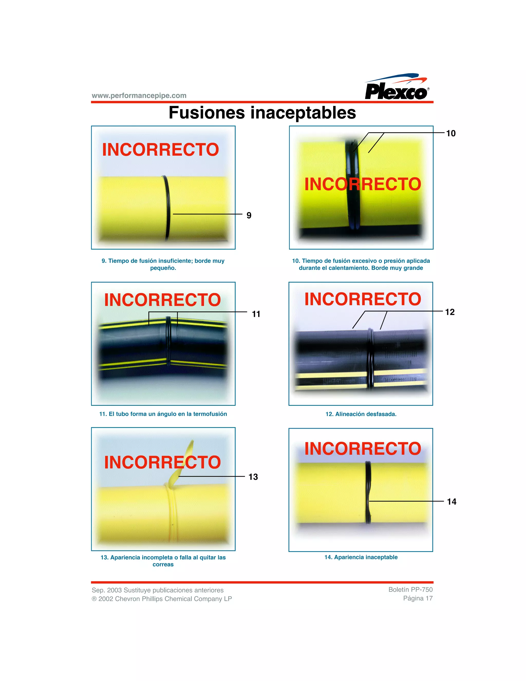 www.performancepipe.com
Sep. 2003 Sustituye publicaciones anteriores
® 2002 Chevron Phillips Chemical Company LP
Boletín PP-750
Página 17
Fusiones inaceptables
9. Tiempo de fusión insuficiente; borde muy
pequeño.
10. Tiempo de fusión excesivo o presión aplicada
durante el calentamiento. Borde muy grande
11. El tubo forma un ángulo en la termofusión 12. Alineación desfasada.
13. Apariencia incompleta o falla al quitar las
correas
14. Apariencia inaceptable
INCORRECTO
INCORRECTO
INCORRECTO INCORRECTO
INCORRECTO
INCORRECTO
9
11
13
14
12
10
 