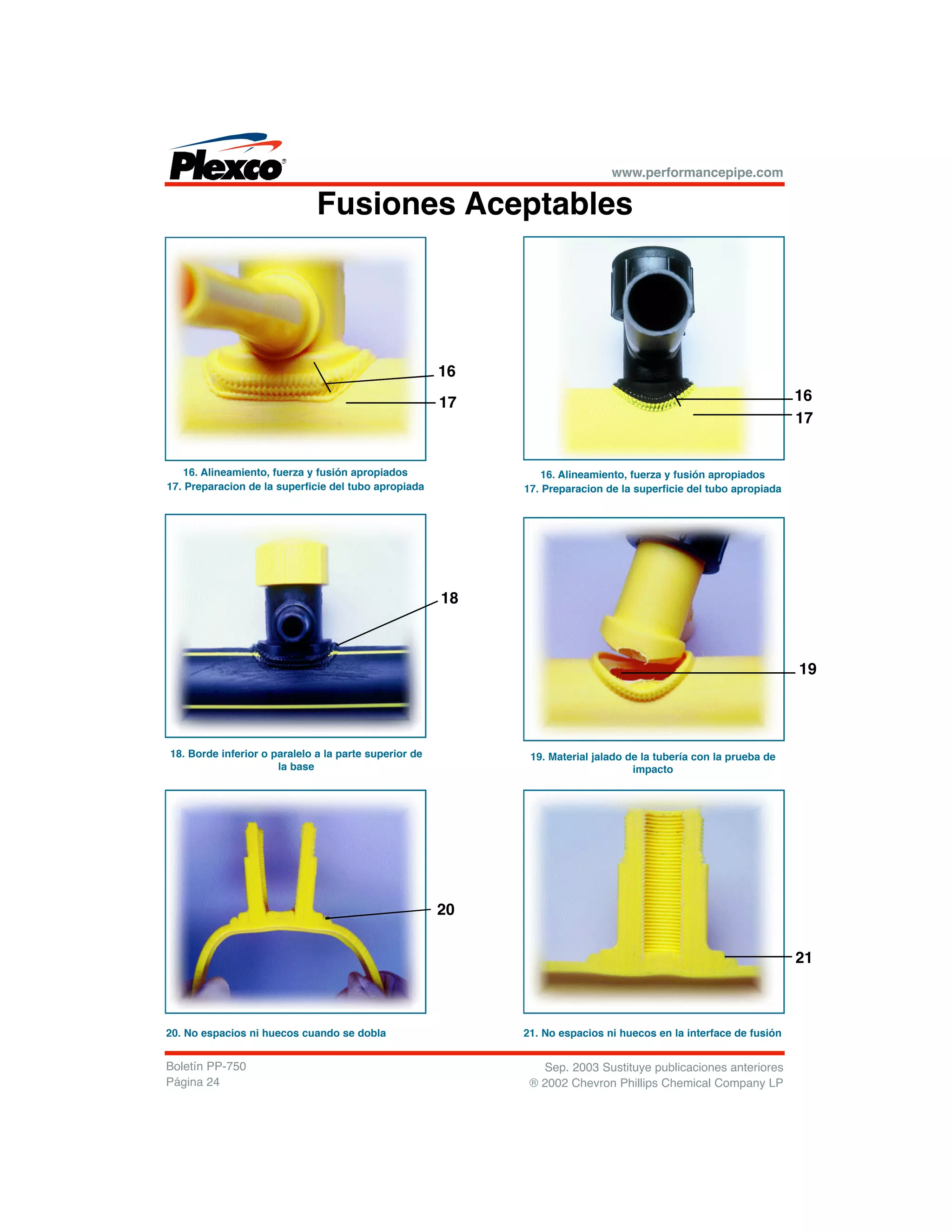 Fusiones Aceptables
www.performancepipe.com
Sep. 2003 Sustituye publicaciones anteriores
® 2002 Chevron Phillips Chemical Company LP
Boletín PP-750
Página 24
16. Alineamiento, fuerza y fusión apropiados
17. Preparacion de la superficie del tubo apropiada
16. Alineamiento, fuerza y fusión apropiados
17. Preparacion de la superficie del tubo apropiada
18. Borde inferior o paralelo a la parte superior de
la base
19. Material jalado de la tubería con la prueba de
impacto
20. No espacios ni huecos cuando se dobla 21. No espacios ni huecos en la interface de fusión
16
17 16
17
18
19
21
20
 