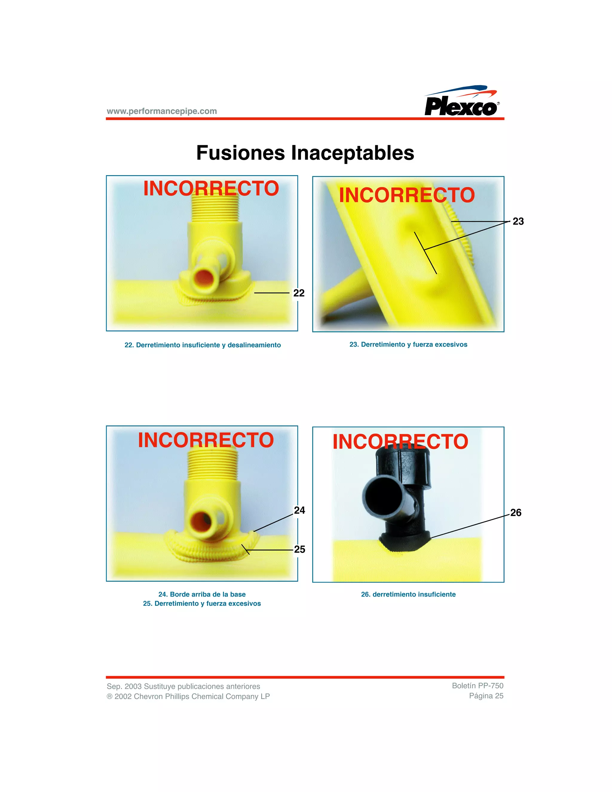 www.performancepipe.com
Sep. 2003 Sustituye publicaciones anteriores
® 2002 Chevron Phillips Chemical Company LP
Boletín PP-750
Página 25
Fusiones Inaceptables
22. Derretimiento insuficiente y desalineamiento 23. Derretimiento y fuerza excesivos
24. Borde arriba de la base
25. Derretimiento y fuerza excesivos
26. derretimiento insuficiente
22
23
24
25
26
INCORRECTO INCORRECTO
INCORRECTO INCORRECTO
 