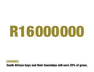 R16 000 000        ,                  ,




EARNINGS
South African boys and their townships will earn 20% of gross.
 