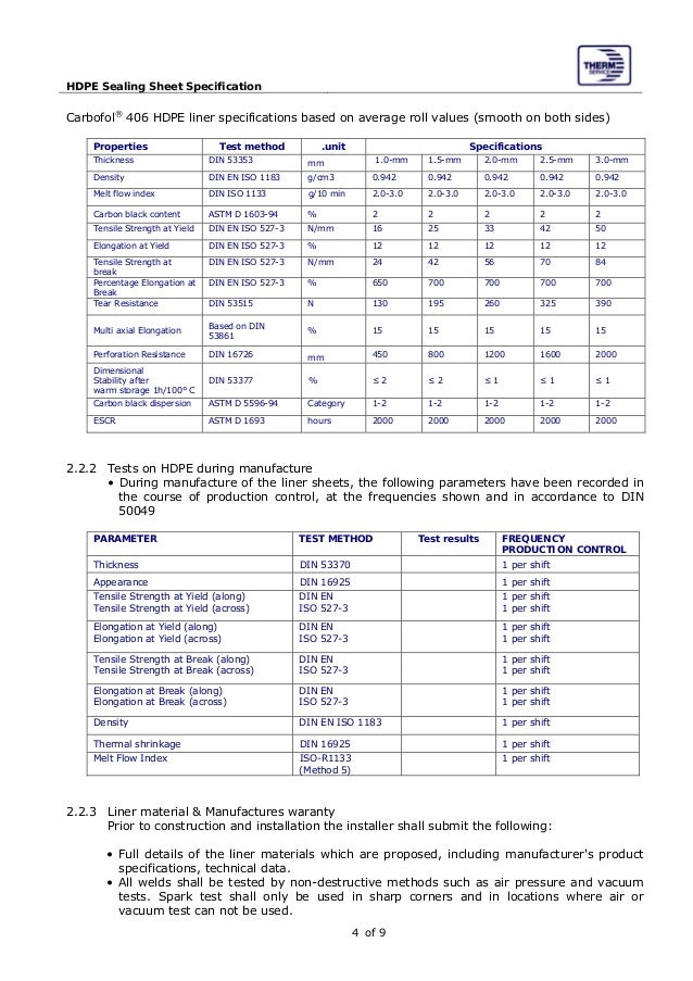 Hdpe sealing sheet specification