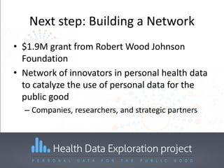 Next step: Building a Network
• $1.9M grant from Robert Wood Johnson
Foundation
• Network of innovators in personal health data
to catalyze the use of personal data for the
public good
– Companies, researchers, and strategic partners
 