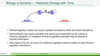 Biology is Dynamic — Networks Change with Time

                                                                      P
                                                  A               A




• Inferred regulatory network structures represent correlations rather than direct interactions.
• Gene products may require activation and need to be transported into the nucleus to
  inﬂuence regulation; or complexes formed by signalling cascades may be required to
  activate transcription.
• Many factors that are not a part of a traditional regulatory network model can also inﬂuence
  regulatory interactions.


     Time-Variable Networks in Candida Glabrata   Stumpf&Thorne                                    2 of 11
 