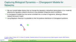 Capturing Biological Dynamics — Changepoint Models for
Networks

  • We can include hidden factors that my change the regulatory interactions taking place in our model by
      allowing the regulatory network structure to vary between timepoints and/or conditions.
  • In changepoint models the time series is divided into a number of segments, allowing a different
      network structure in each.
  • Using Bayesian inference it is possible to infer the posterior distribution of changepoint positions.




    `
S. Lebre, J. Becq, F. Devaux, M. P. H. Stumpf, G. Lelandais, Statistical inference of the time-varying structure of gene-regulation networks. BMC Systems
Biology, 4:130, 2010.

           Time-Variable Networks in Candida Glabrata      Stumpf&Thorne                                                                                    3 of 11
 