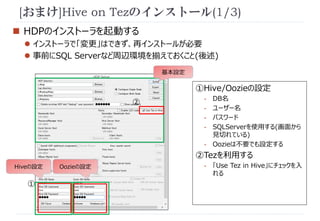 [おまけ]Hive on Tezのインストール(1/3) 
 HDPのインストーラを起動する 
 インストーラで「変更」はできず、再インストールが必要 
 事前にSQL Serverなど周辺環境を揃えておくこと(後述) 
Hiveの設定 
① 
①Hive/Oozieの設定 
- DB名 
- ユーザー名 
- パスワード 
- SQLServerを使用する(画面から 
見切れている) 
- Oozieは不要でも設定する 
②Tezを利用する 
- 「Use Tez in Hive」にチェックを入 
れる 
基本設定 
② 
Oozieの設定 
 