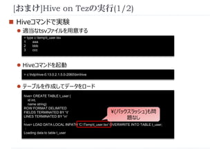 [おまけ]Hive on Tezの実行(1/2) 
 Hiveコマンドで実験 
 適当なtsvファイルを用意する 
> type c:tempt_user.tsv 
1 aaa 
2 bbb 
3 ccc 
 Hiveコマンドを起動 
> c:hdphive-0.13.0.2.1.5.0-2060binhive 
 テーブルを作成してデータをロード 
hive> CREATE TABLE t_user ( 
id int, 
name string) 
ROW FORMAT DELIMITED 
FIELDS TERMINATED BY 't' 
(バックスラッシュ)も問 
LINES TERMINATED BY 'n' 
題なし 
; 
hive> LOAD DATA LOCAL INPATH 'C:Tempt_user.tsv' OVERWRITE INTO TABLE t_user; 
： 
Loading data to table t_user 
 