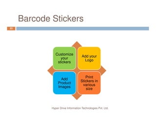Barcode Stickers
23
Customize
your
stickers
Add your
Logo
Hyper Drive Information Technologies Pvt. Ltd.
your
stickers
Logo
Add
Product
Images
Print
Stickers in
various
size
 