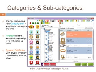 Categories & Sub-categories
Hyper Drive Information Technologies Pvt. Ltd.
11
 You can introduce a
new Category level in
your line of products at
any time.
 Inventory can be
viewed at any category
level with rolled up
totals.
 Dynamic Drill-Down
view of your inventory
based on the Inventory
View.
 
