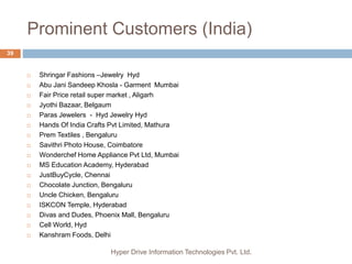 Prominent Customers (India)
Hyper Drive Information Technologies Pvt. Ltd.
39
 Shringar Fashions –Jewelry Hyd
 Abu Jani Sandeep Khosla - Garment Mumbai
 Fair Price retail super market , Aligarh
 Jyothi Bazaar, Belgaum
 Paras Jewelers - Hyd Jewelry Hyd
 Hands Of India Crafts Pvt Limited, Mathura
 Prem Textiles , Bengaluru
 Savithri Photo House, Coimbatore
 Wonderchef Home Appliance Pvt Ltd, Mumbai
 MS Education Academy, Hyderabad
 JustBuyCycle, Chennai
 Chocolate Junction, Bengaluru
 Uncle Chicken, Bengaluru
 ISKCON Temple, Hyderabad
 Divas and Dudes, Phoenix Mall, Bengaluru
 Cell World, Hyd
 Kanshram Foods, Delhi
 