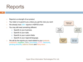 Reports
Hyper Drive Information Technologies Pvt. Ltd.
18
 Reports is a strength of our product
 Your data is no good to you unless you get the view you want
 We already have 200+ reports in HDPOS smart
 You may still need something different
 Specific to your business.
 Specific to your style.
 Specific to your custom fields
 Specific to your regional language.
 We will do the reports you need related to your products,
customers, suppliers, sales, purchases, profits, discounts,
pending amounts, balance sheets and many more…
Analyze your
store data
Know what
you are
selling more
Check your
daily sales
Quickly find
your short
stock
Get your
profit
statements
 