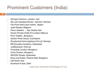 Prominent Customers (India)
Hyper Drive Information Technologies Pvt. Ltd.
35
 Shringar Fashions –Jewelry Hyd
 Abu Jani Sandeep Khosla - Garment Mumbai
 Fair Price retail super market , Aligarh
 Jyothi Bazaar, Belgaum
 Paras Jewelers - Hyd Jewelry Hyd
 Hands Of India Crafts Pvt Limited, Mathura
 Prem Textiles , Bengaluru
 Savithri Photo House, Coimbatore
 Wonderchef Home Appliance Pvt Ltd, Mumbai
 MS Education Academy, Hyderabad
 JustBuyCycle, Chennai
 Chocolate Junction, Bengaluru
 Uncle Chicken, Bengaluru
 ISKCON Temple, Hyderabad
 Divas and Dudes, Phoenix Mall, Bengaluru
 Cell World, Hyd
 Kanshram Foods, Delhi
 