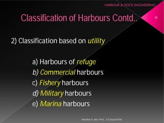 2) Classification based on
a) Harbours of refuge
b) Commercial harbours
c) Fishery harbours
d) Military harbours
e) Marina harbours
Classification of Harbours
Asnidha.V ,Asst. Prof. , CE Dept,M
2) Classification based on utility
refuge
harbours
harbours
harbours
harbours
Harbours Contd.. 30
Asnidha.V ,Asst. Prof. , CE Dept,M-Dit
 