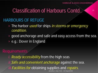 HARBOURS OF REFUGE
› The harbor used for ships
condition.
› good anchorage and safe and easy access from the sea.
› e.g.: Dover in England
Requirements
i. Ready accessibility from the high seas
ii.Safe and convenient anchorage
iii.Facilities for obtaining supplies and
Classification of Harbours
Asnidha.V ,Asst. Prof. , CE Dept,M
for ships in storms or emergency
good anchorage and safe and easy access from the sea.
from the high seas
Safe and convenient anchorage against the sea.
obtaining supplies and repairs.
Harbours Contd.. 31
Asnidha.V ,Asst. Prof. , CE Dept,M-Dit
 
