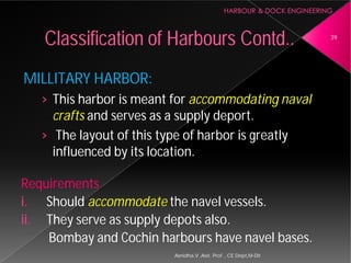 MILLITARY HARBOR:
› This harbor is meant for
crafts and serves as a supply deport.
› The layout of this type of harbor is greatly
influenced by its location.
Requirements
i. Should accommodate the navel vessels.
ii. They serve as supply depots also.
Bombay and Cochin harbours
Classification of Harbours
Asnidha.V ,Asst. Prof. , CE Dept,M
This harbor is meant for accommodating naval
and serves as a supply deport.
The layout of this type of harbor is greatly
influenced by its location.
the navel vessels.
They serve as supply depots also.
harbours have navel bases.
Harbours Contd.. 39
Asnidha.V ,Asst. Prof. , CE Dept,M-Dit
 