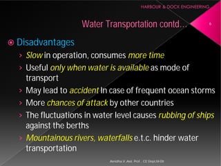  Disadvantages
› Slow in operation, consumes
› Useful only when water is available
transport
› May lead to accident In case of frequent ocean storms
› More chances of attack by other countries
› The fluctuations in water level causes
against the berths
› Mountainous rivers, waterfalls
transportation
Water Transportation
Asnidha.V ,Asst. Prof. , CE Dept,M
in operation, consumes more time
only when water is available as mode of
In case of frequent ocean storms
by other countries
The fluctuations in water level causes rubbing of ships
Mountainous rivers, waterfalls e.t.c. hinder water
Water Transportation contd… 6
Asnidha.V ,Asst. Prof. , CE Dept,M-Dit
 