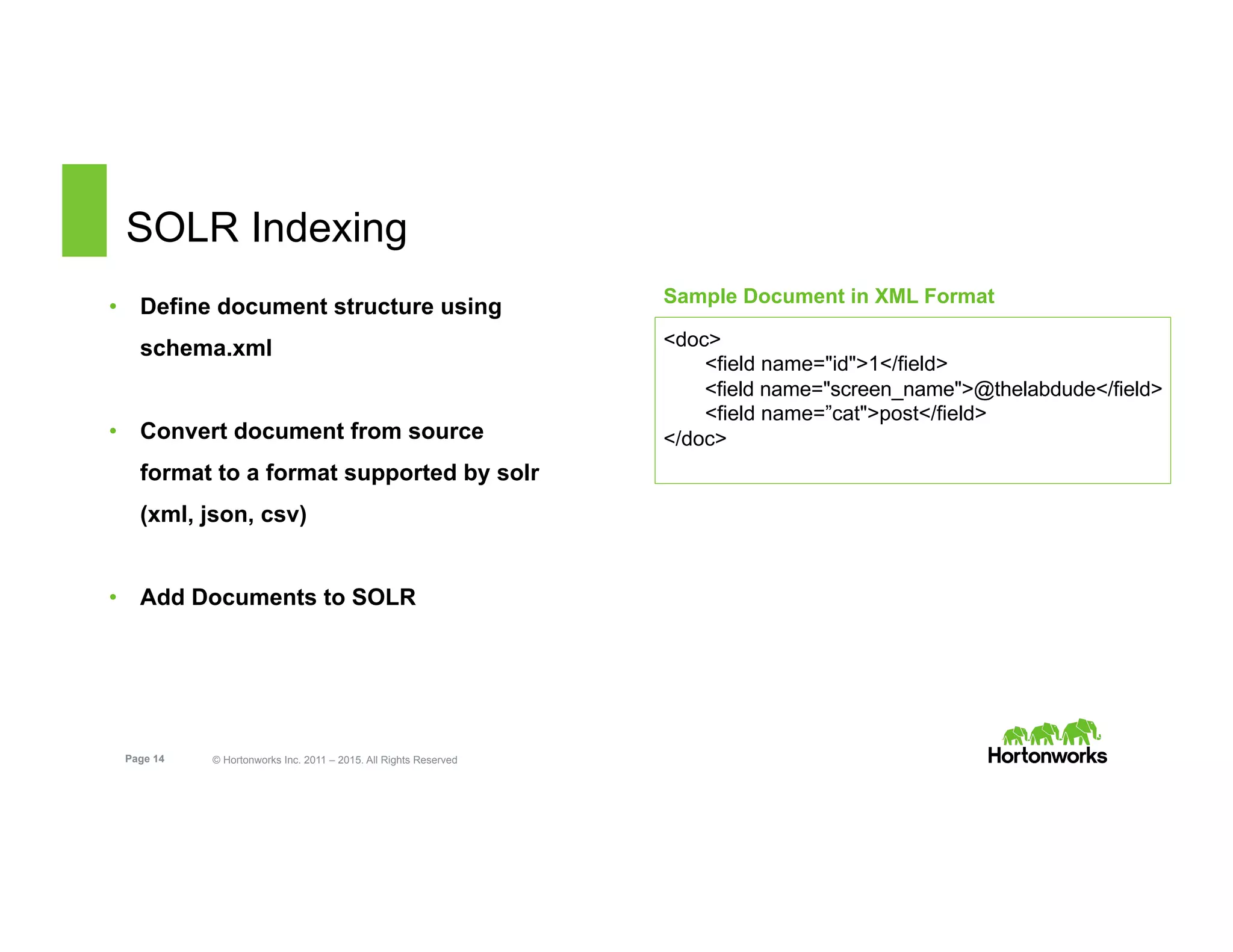 Page 14 © Hortonworks Inc. 2011 – 2015. All Rights Reserved
SOLR Indexing
•  Define document structure using
schema.xml
•  Convert document from source
format to a format supported by solr
(xml, json, csv)
•  Add Documents to SOLR
<doc>
<field name="id">1</field>
<field name="screen_name">@thelabdude</field>
<field name=”cat">post</field>
</doc>
Sample Document in XML Format
 