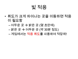 빛 적응휘도가 크게 차이나는 곳을 이동하면 적응이 필요함어두운 곳  밝은 곳 (몇 초만에)밝은 곳  어두운 곳 (약 30분 정도)게임에서는 적응 휘도를 사용하여 적당히!