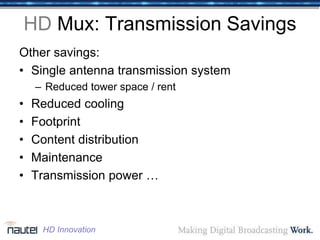 HD Mux: Transmission Savings
Other savings:
• Single antenna transmission system
– Reduced tower space / rent
• Reduced cooling
• Footprint
• Content distribution
• Maintenance
• Transmission power …
HD Innovation
 
