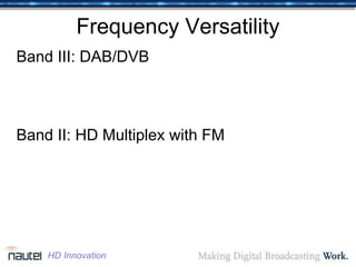 Frequency Versatility
Band III: DAB/DVB
Band II: HD Multiplex with FM
HD Innovation
 