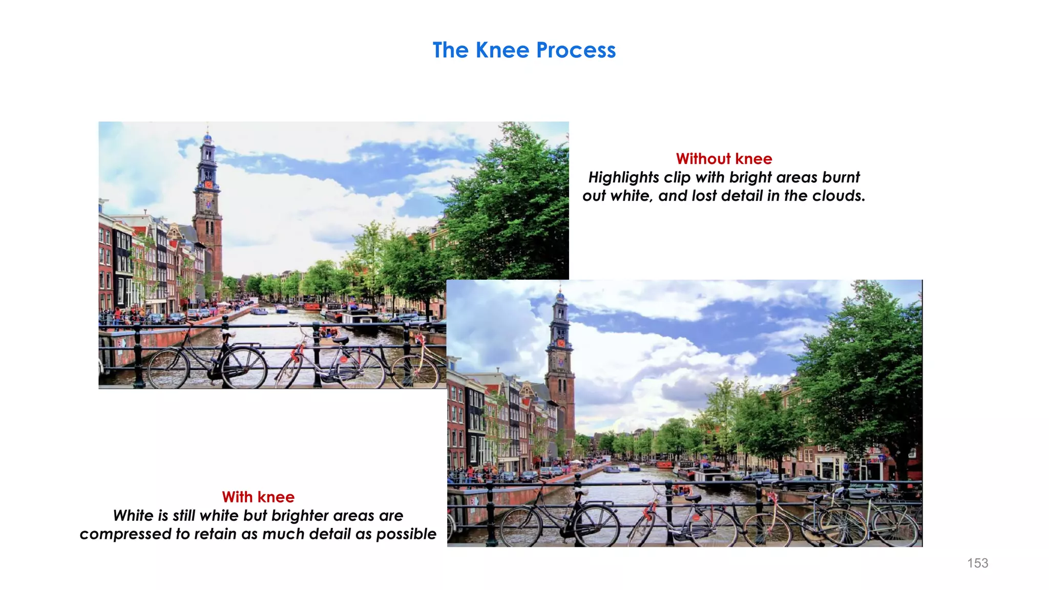 Without knee
Highlights clip with bright areas burnt
out white, and lost detail in the clouds.
With knee
White is still white but brighter areas are
compressed to retain as much detail as possible
The Knee Process
153
 