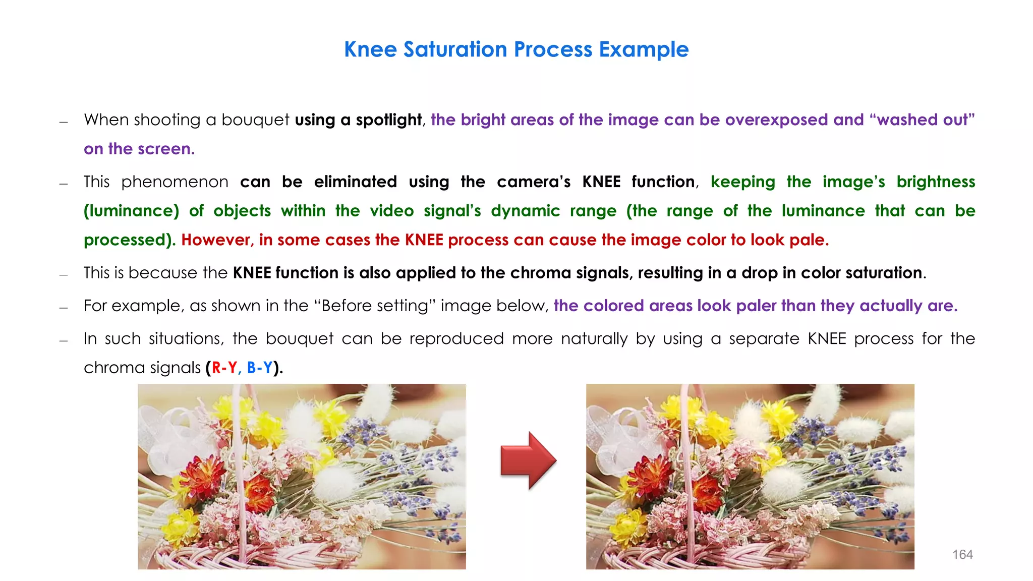 – When shooting a bouquet using a spotlight, the bright areas of the image can be overexposed and “washed out”
on the screen.
– This phenomenon can be eliminated using the camera’s KNEE function, keeping the image’s brightness
(luminance) of objects within the video signal’s dynamic range (the range of the luminance that can be
processed). However, in some cases the KNEE process can cause the image color to look pale.
– This is because the KNEE function is also applied to the chroma signals, resulting in a drop in color saturation.
– For example, as shown in the “Before setting” image below, the colored areas look paler than they actually are.
– In such situations, the bouquet can be reproduced more naturally by using a separate KNEE process for the
chroma signals (R-Y, B-Y).
Knee Saturation Process Example
164
 
