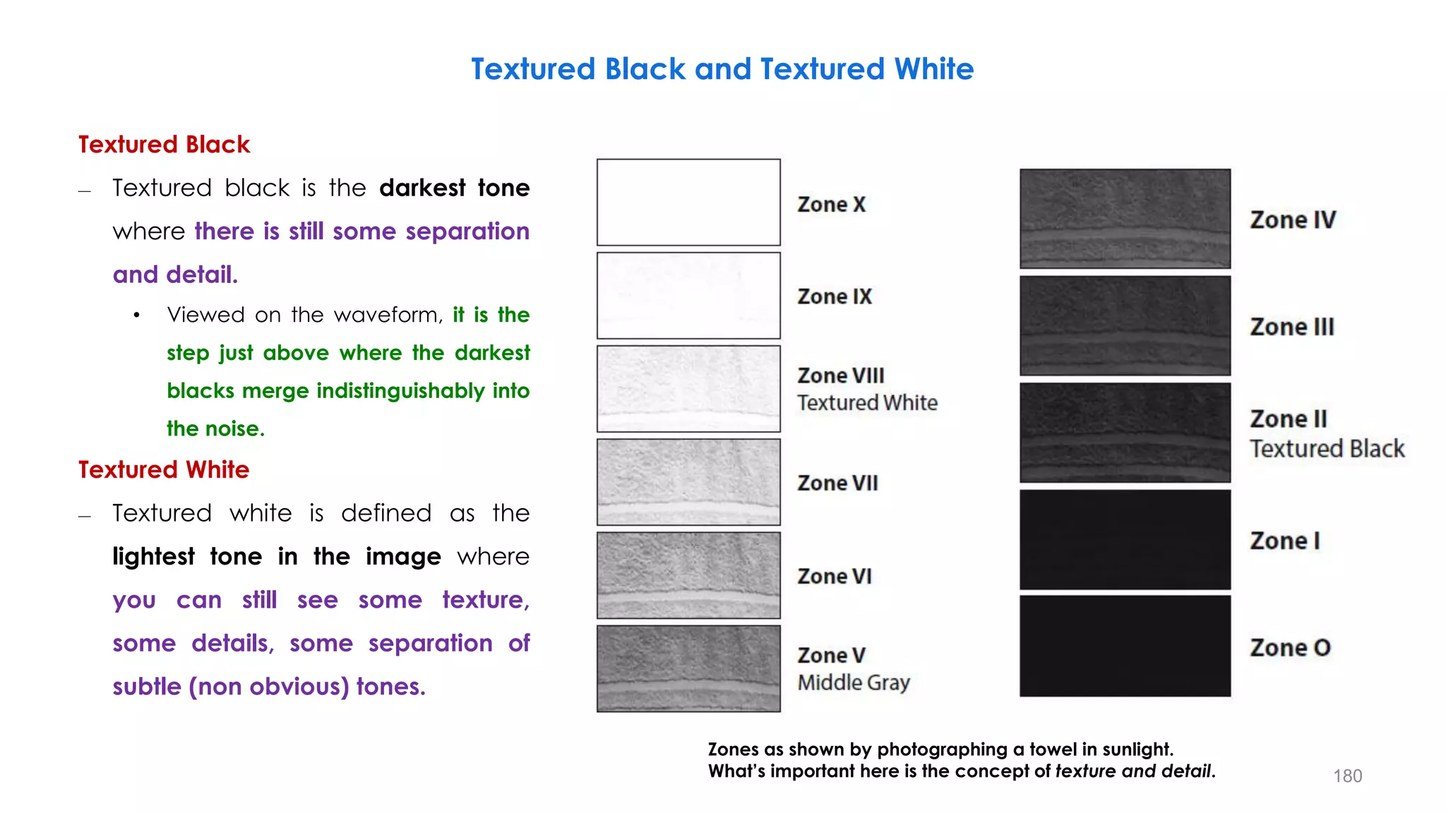 Textured Black and Textured White
Zones as shown by photographing a towel in sunlight.
What’s important here is the concept of texture and detail.
Textured Black
– Textured black is the darkest tone
where there is still some separation
and detail.
• Viewed on the waveform, it is the
step just above where the darkest
blacks merge indistinguishably into
the noise.
Textured White
– Textured white is defined as the
lightest tone in the image where
you can still see some texture,
some details, some separation of
subtle (non obvious) tones.
180
 