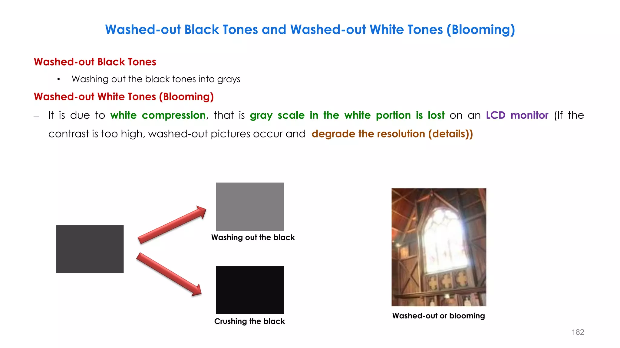 Washed-out Black Tones and Washed-out White Tones (Blooming)
Crushing the black
Washing out the black
Washed-out or blooming
Washed-out Black Tones
• Washing out the black tones into grays
Washed-out White Tones (Blooming)
– It is due to white compression, that is gray scale in the white portion is lost on an LCD monitor (If the
contrast is too high, washed-out pictures occur and degrade the resolution (details))
182
 