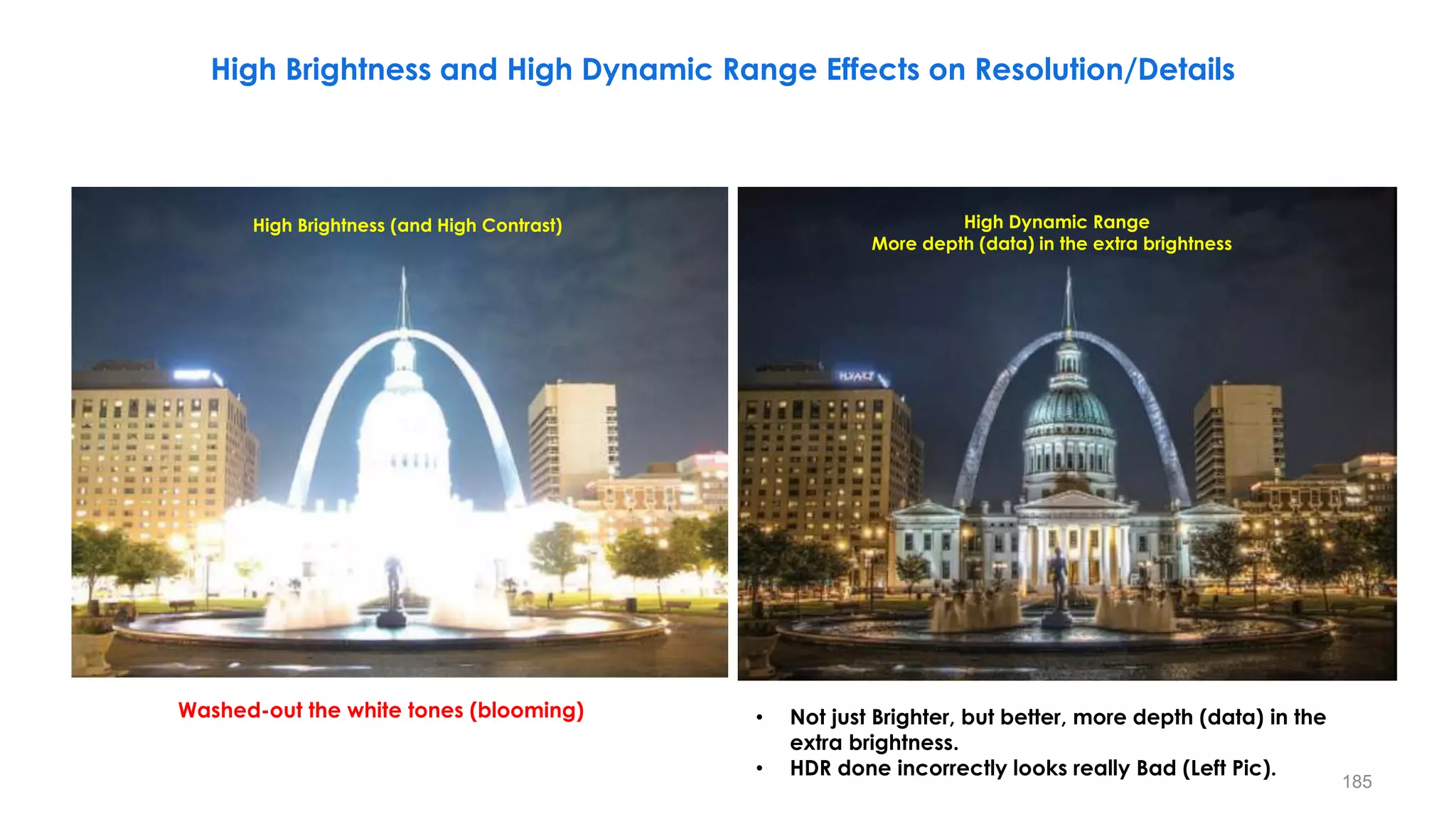High Brightness and High Dynamic Range Effects on Resolution/Details
High Brightness (and High Contrast) High Dynamic Range
More depth (data) in the extra brightness
Washed-out the white tones (blooming)
185
• Not just Brighter, but better, more depth (data) in the
extra brightness.
• HDR done incorrectly looks really Bad (Left Pic).
 