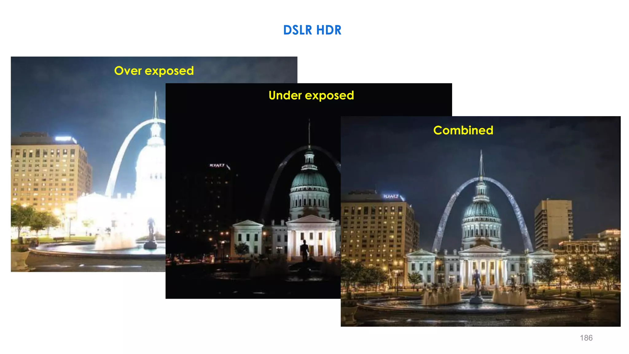 DSLR HDR
186
Over exposed
Under exposed
Combined
 