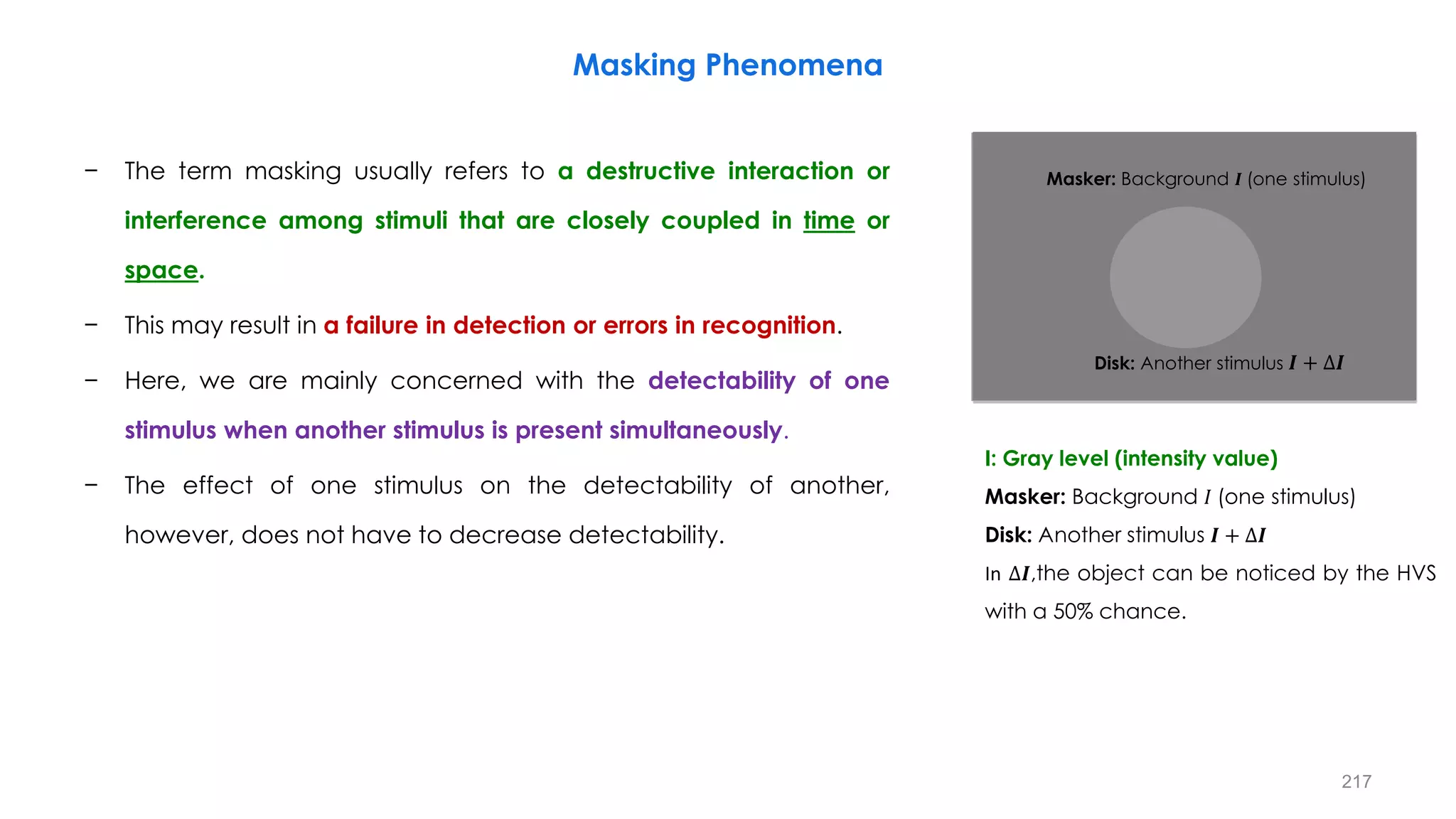 − The term masking usually refers to a destructive interaction or
interference among stimuli that are closely coupled in time or
space.
− This may result in a failure in detection or errors in recognition.
− Here, we are mainly concerned with the detectability of one
stimulus when another stimulus is present simultaneously.
− The effect of one stimulus on the detectability of another,
however, does not have to decrease detectability.
I: Gray level (intensity value)
Masker: Background 𝐼 (one stimulus)
Disk: Another stimulus 𝑰 + ∆𝑰
In ∆𝑰,the object can be noticed by the HVS
with a 50% chance.
Masker: Background 𝑰 (one stimulus)
Disk: Another stimulus 𝑰 + ∆𝑰
Masking Phenomena
217
 