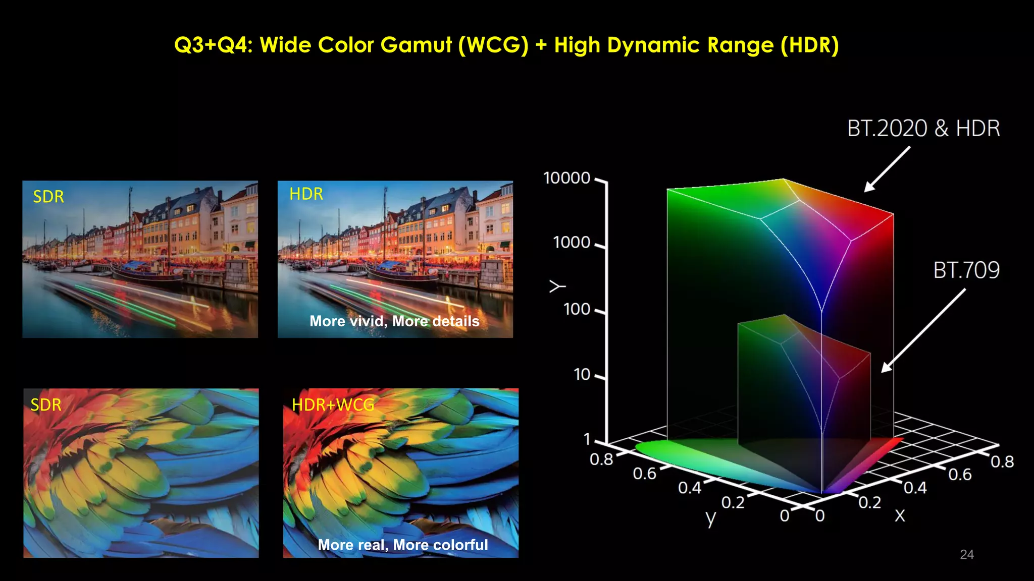 Q3+Q4: Wide Color Gamut (WCG) + High Dynamic Range (HDR)
SDR
SDR
HDR
HDR+WCG
More vivid, More details
More real, More colorful
24
 
