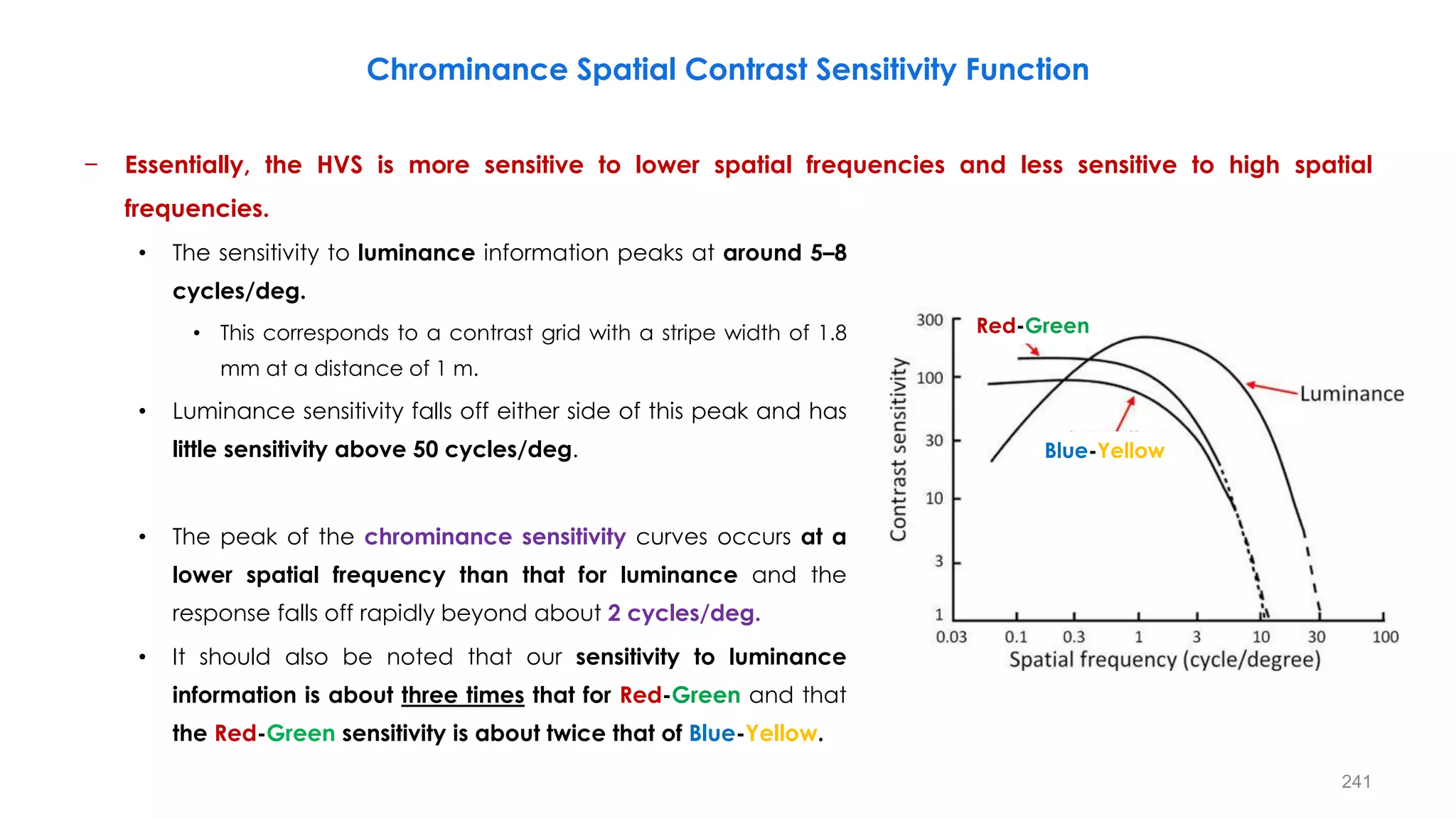 − Essentially, the HVS is more sensitive to lower spatial frequencies and less sensitive to high spatial
frequencies.
Chrominance Spatial Contrast Sensitivity Function
• The sensitivity to luminance information peaks at around 5–8
cycles/deg.
• This corresponds to a contrast grid with a stripe width of 1.8
mm at a distance of 1 m.
• Luminance sensitivity falls off either side of this peak and has
little sensitivity above 50 cycles/deg.
• The peak of the chrominance sensitivity curves occurs at a
lower spatial frequency than that for luminance and the
response falls off rapidly beyond about 2 cycles/deg.
• It should also be noted that our sensitivity to luminance
information is about three times that for Red-Green and that
the Red-Green sensitivity is about twice that of Blue-Yellow.
Red-Green
Blue-Yellow
241
 