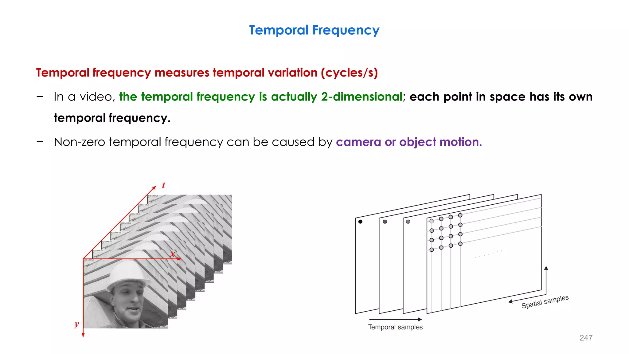 Temporal Frequency
Temporal frequency measures temporal variation (cycles/s)
− In a video, the temporal frequency is actually 2-dimensional; each point in space has its own
temporal frequency.
− Non-zero temporal frequency can be caused by camera or object motion.
247
 