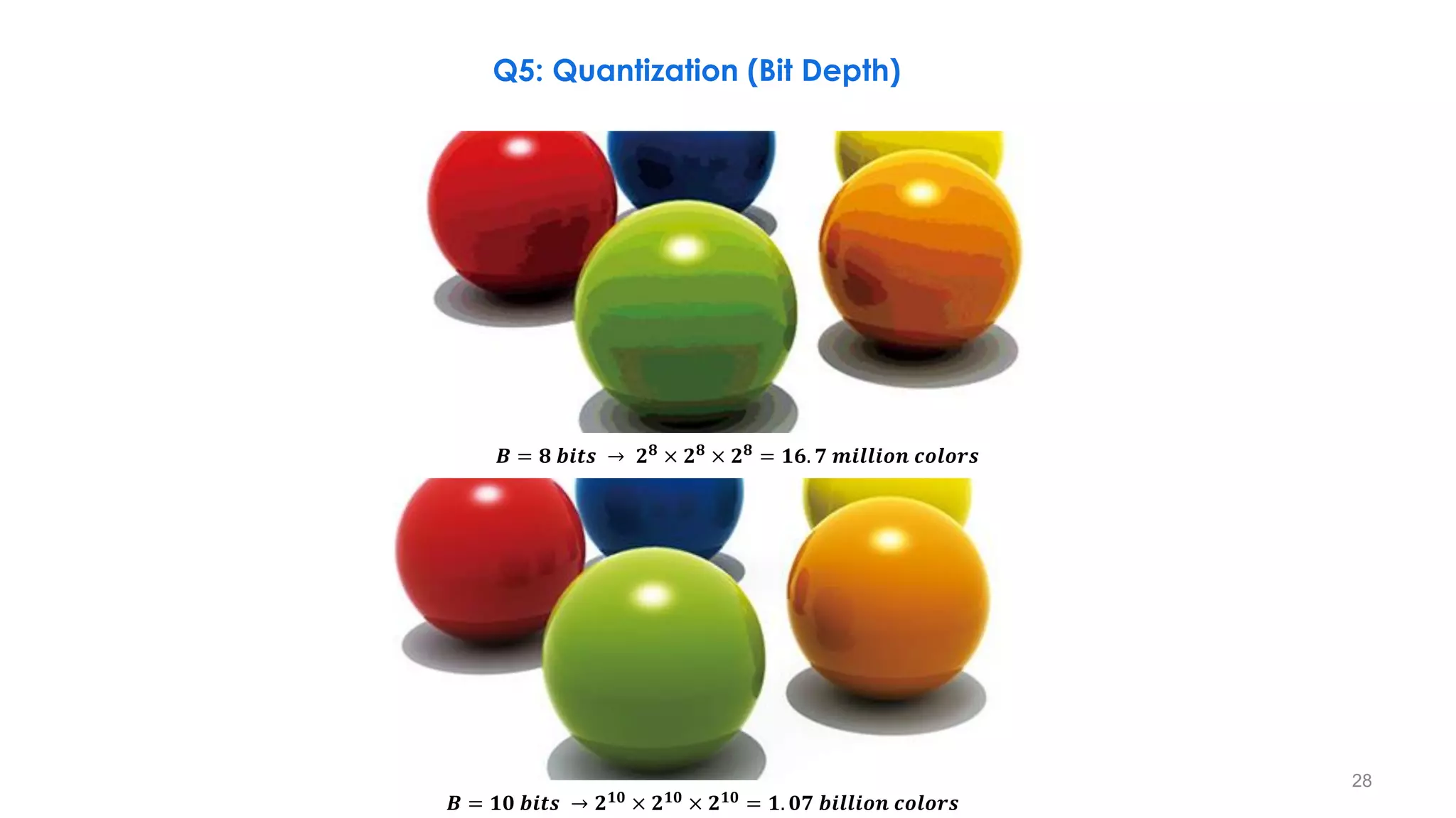 Q5: Quantization (Bit Depth)
𝑩 = 𝟖 𝒃𝒊𝒕𝒔 → 𝟐𝟖
× 𝟐𝟖
× 𝟐𝟖
= 𝟏𝟔. 𝟕 𝒎𝒊𝒍𝒍𝒊𝒐𝒏 𝒄𝒐𝒍𝒐𝒓𝒔
𝑩 = 𝟏𝟎 𝒃𝒊𝒕𝒔 → 𝟐𝟏𝟎
× 𝟐𝟏𝟎
× 𝟐𝟏𝟎
= 𝟏. 𝟎𝟕 𝒃𝒊𝒍𝒍𝒊𝒐𝒏 𝒄𝒐𝒍𝒐𝒓𝒔
28
 
