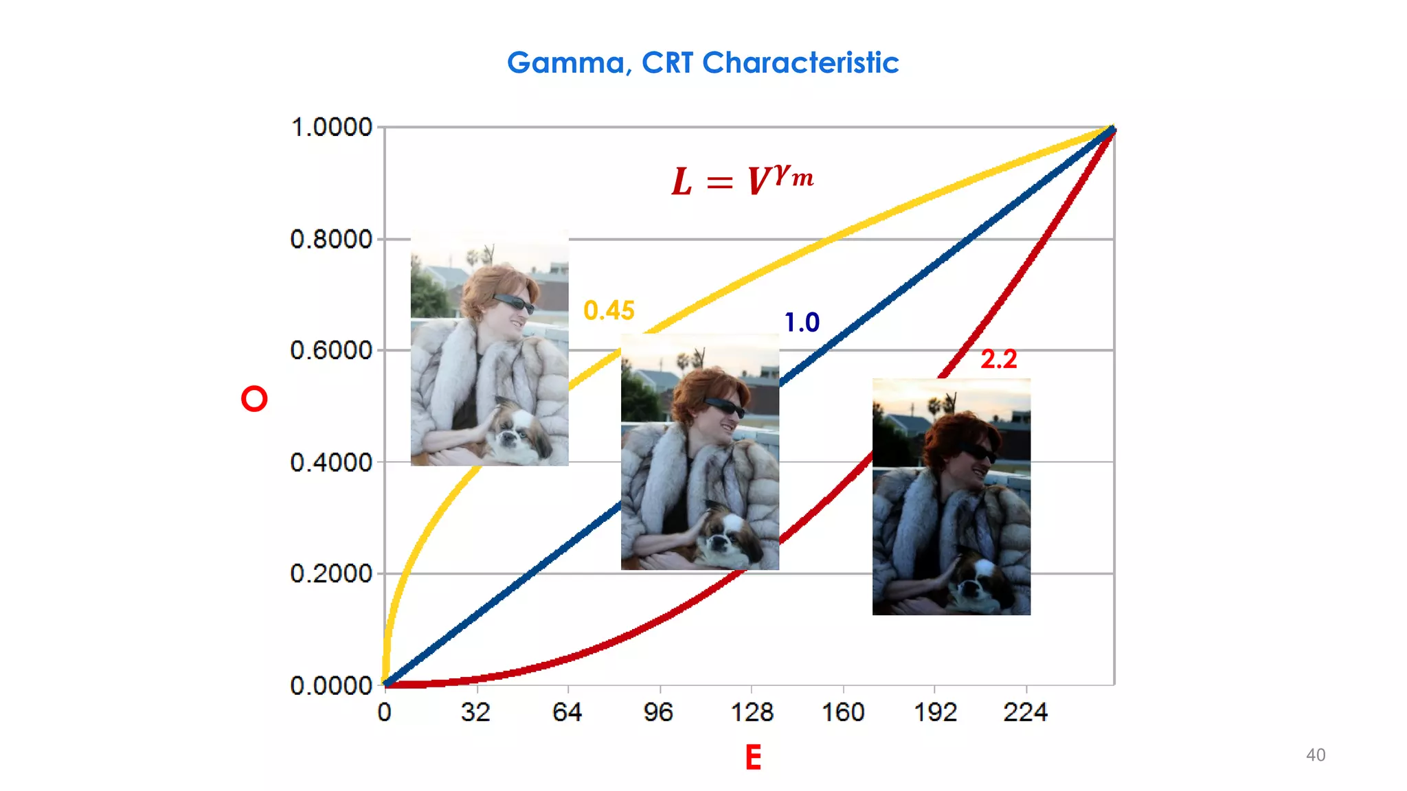 2.2
0.45
Gamma, CRT Characteristic
1.0
E
O
40
𝑳 = 𝑽𝜸𝒎
 
