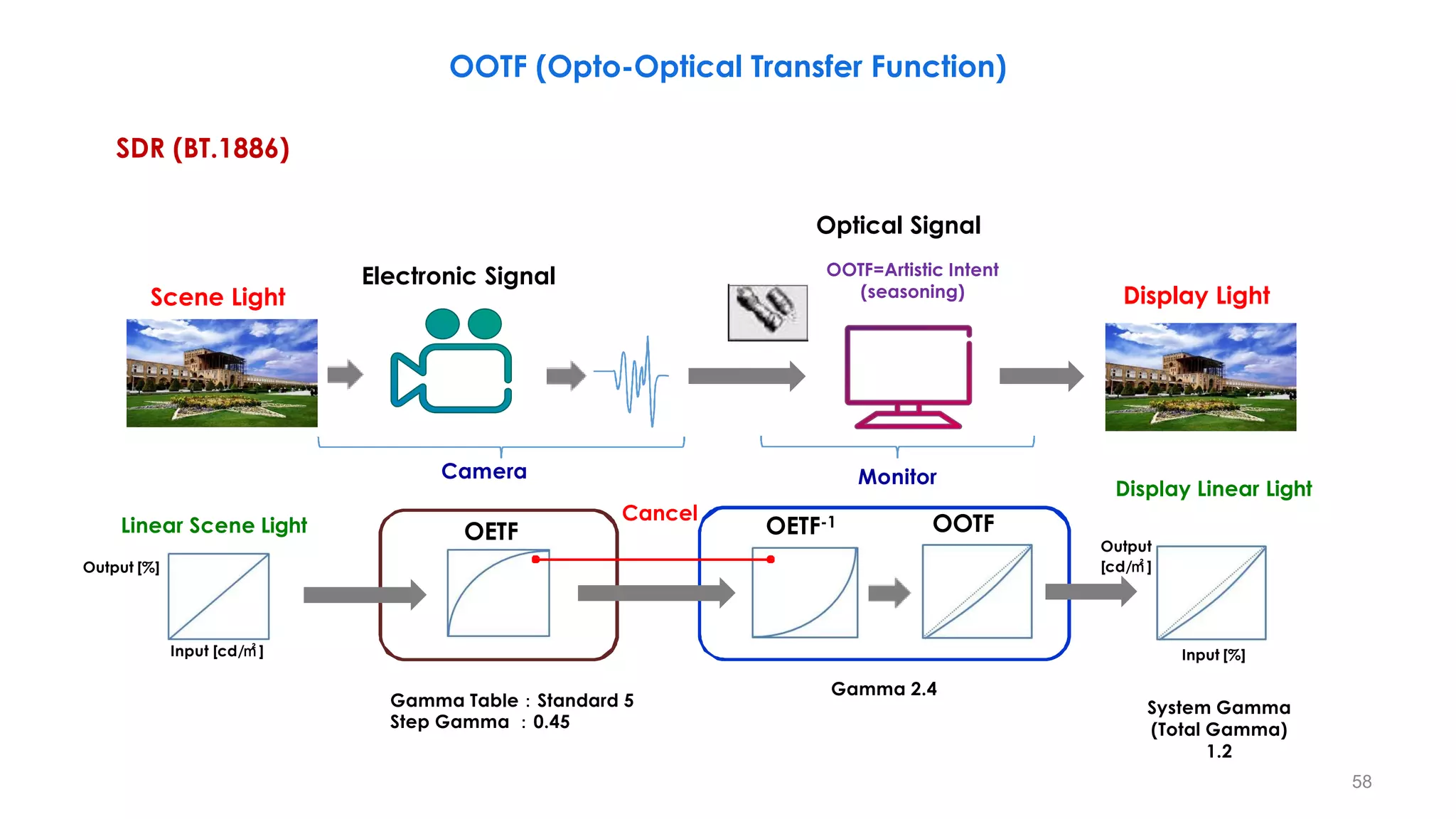 OOTF (Opto-Optical Transfer Function)
Linear Scene Light
Cancel
OOTF=Artistic Intent
(seasoning)
OETF-1 OOTF
Output [%]
Input [cd/㎡ ] Input [%]
Output
[cd/㎡ ]
Camera Monitor
Display Light
Gamma 2.4
Optical Signal
Scene Light
Electronic Signal
Gamma Table：Standard 5
Step Gamma ：0.45
System Gamma
(Total Gamma)
1.2
SDR (BT.1886)
Display Linear Light
58
OETF
 