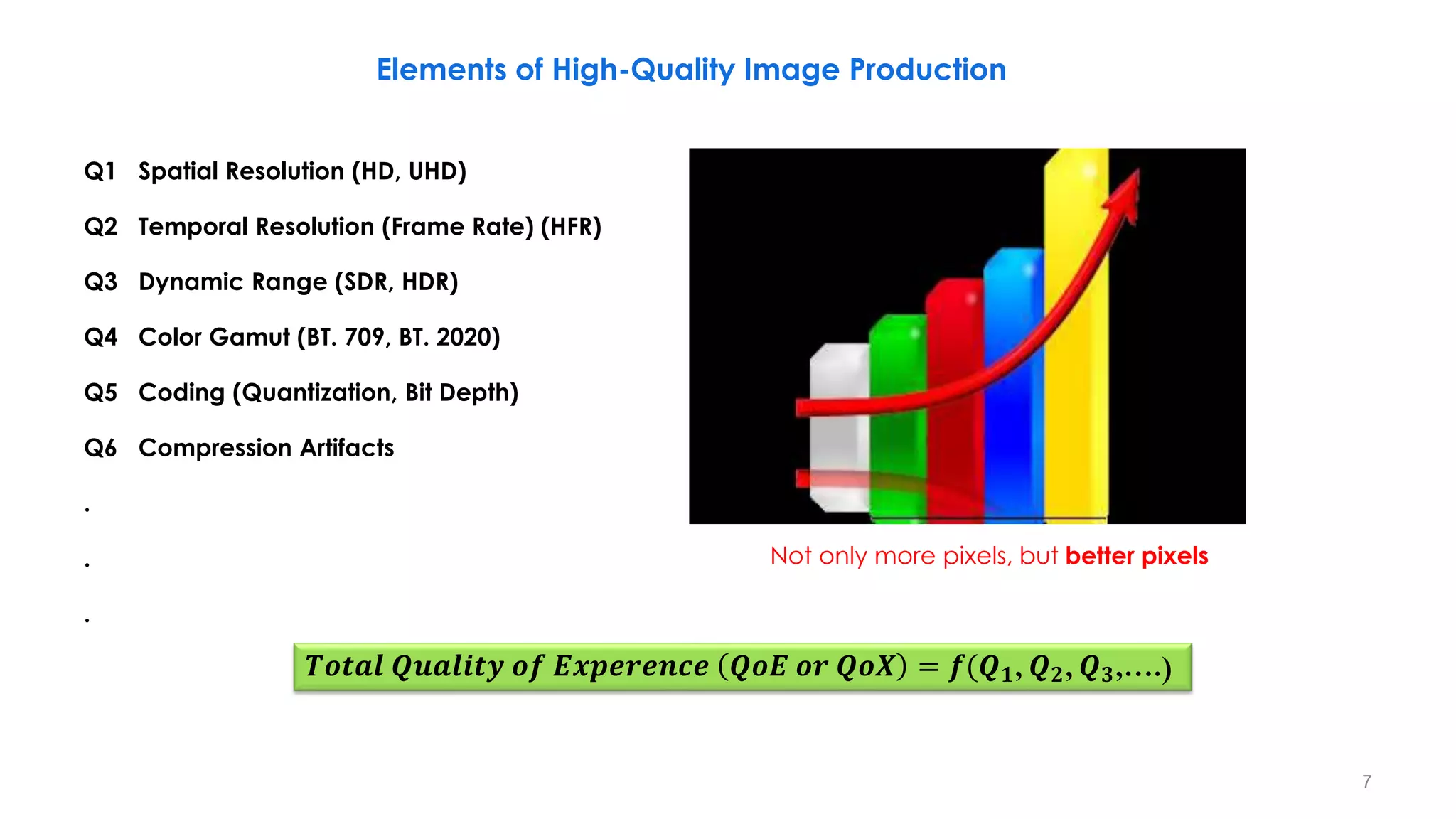 Not only more pixels, but better pixels
Elements of High-Quality Image Production
𝑻𝒐𝒕𝒂𝒍 𝑸𝒖𝒂𝒍𝒊𝒕𝒚 𝒐𝒇 𝑬𝒙𝒑𝒆𝒓𝒆𝒏𝒄𝒆 𝑸𝒐𝑬 𝒐𝒓 𝑸𝒐𝑿 = 𝒇(𝑸𝟏, 𝑸𝟐, 𝑸𝟑,….)
Q1 Spatial Resolution (HD, UHD)
Q2 Temporal Resolution (Frame Rate) (HFR)
Q3 Dynamic Range (SDR, HDR)
Q4 Color Gamut (BT. 709, BT. 2020)
Q5 Coding (Quantization, Bit Depth)
Q6 Compression Artifacts
.
.
.
7
 