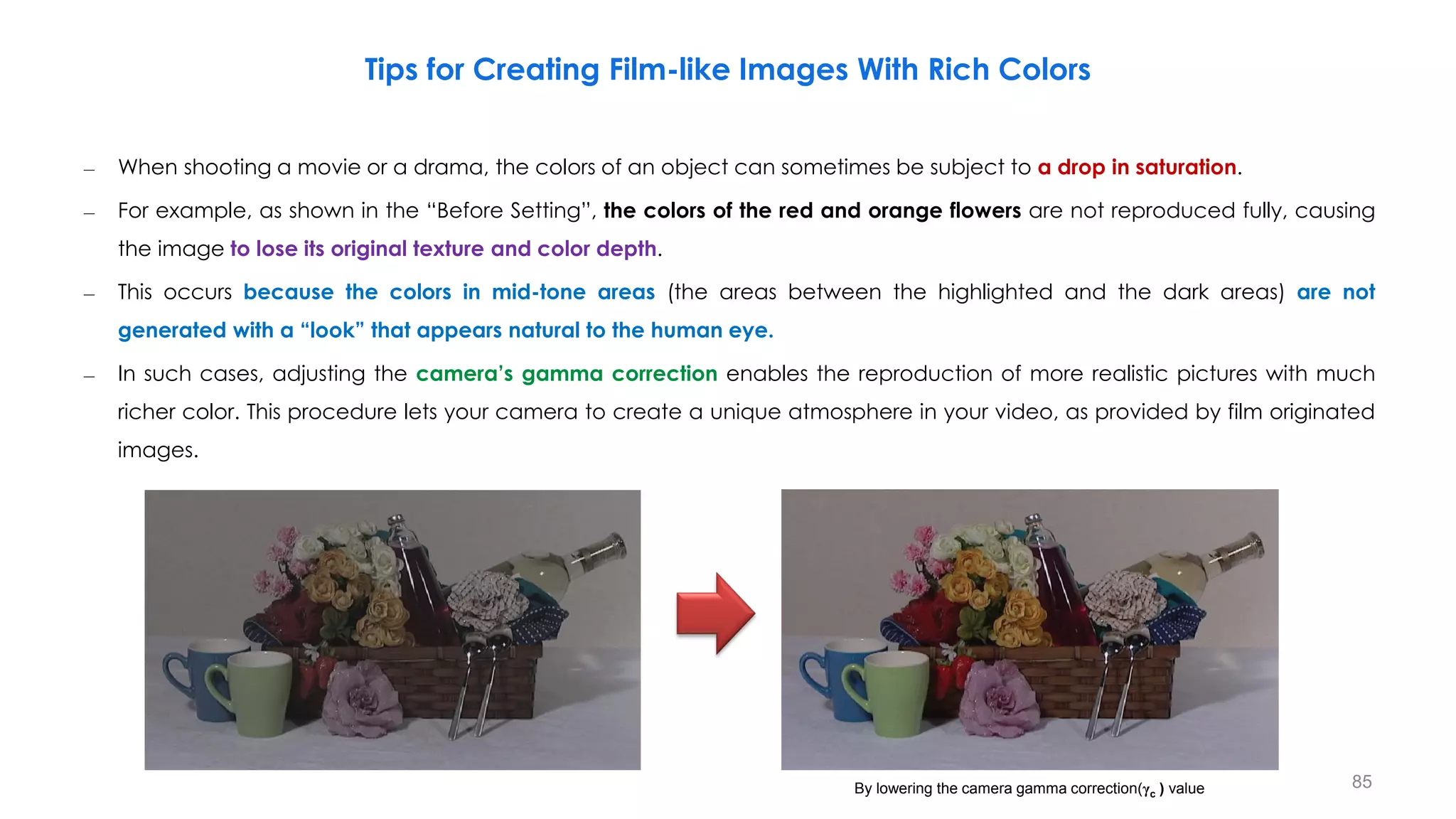 – When shooting a movie or a drama, the colors of an object can sometimes be subject to a drop in saturation.
– For example, as shown in the “Before Setting”, the colors of the red and orange flowers are not reproduced fully, causing
the image to lose its original texture and color depth.
– This occurs because the colors in mid-tone areas (the areas between the highlighted and the dark areas) are not
generated with a “look” that appears natural to the human eye.
– In such cases, adjusting the camera’s gamma correction enables the reproduction of more realistic pictures with much
richer color. This procedure lets your camera to create a unique atmosphere in your video, as provided by film originated
images.
Tips for Creating Film-like Images With Rich Colors
By lowering the camera gamma correction(γc ) value 85
 