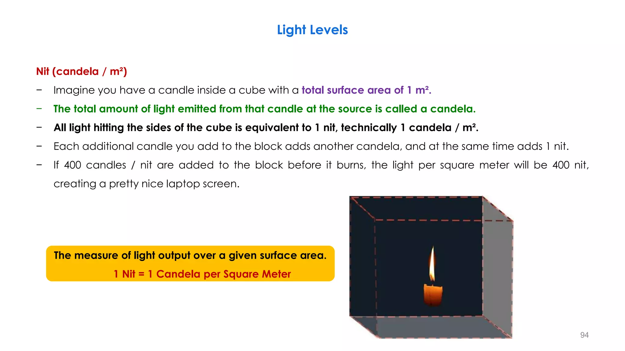 Light Levels
Nit (candela / m²)
− Imagine you have a candle inside a cube with a total surface area of 1 m².
− The total amount of light emitted from that candle at the source is called a candela.
− All light hitting the sides of the cube is equivalent to 1 nit, technically 1 candela / m².
− Each additional candle you add to the block adds another candela, and at the same time adds 1 nit.
− If 400 candles / nit are added to the block before it burns, the light per square meter will be 400 nit,
creating a pretty nice laptop screen.
The measure of light output over a given surface area.
1 Nit = 1 Candela per Square Meter
94
 