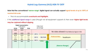 – Note that the conventional ‘narrow range’ digital signal can actually support signal levels of up to 109% of
nominal full scale.
• This is to accommodate overshoots and highlights.
– If this additional signal range is used (though not all equipment supports it) then even higher light levels
may be captured without clipping.
Hybrid Log-Gamma (HLG) HDR-TV OETF
Preferred Max.
(Narrow Range)
(White)
(super-whites)
102
 