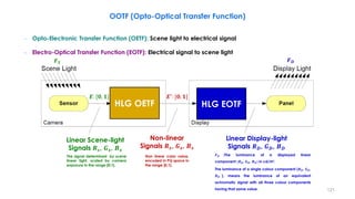 – Opto-Electronic Transfer Function (OETF): Scene light to electrical signal
– Electro-Optical Transfer Function (EOTF): Electrical signal to scene light
OOTF (Opto-Optical Transfer Function)
HLG OETF HLG EOTF
𝑬: [𝟎, 𝟏] 𝑬′
: [𝟎, 𝟏]
Linear Scene-light
Signals 𝑹𝒔, 𝑮𝒔, 𝑩𝒔
Non-linear
Signals 𝑹𝒔, 𝑮𝒔, 𝑩𝒔
Linear Display-light
Signals 𝑹𝑫, 𝑮𝑫, 𝑩𝑫
Non linear color value,
encoded in PQ space in
the range [0,1].
The signal determined by scene
linear light, scaled by camera
exposure in the range [0:1].
𝑭𝑫 :The luminance of a displayed linear
component {𝑹𝑫, 𝑮𝑫, 𝑩𝑫} in cd/m².
The luminance of a single colour component (𝑹𝑫, 𝑮𝑫,
𝑩𝑫 ), means the luminance of an equivalent
achromatic signal with all three colour components
having that same value.
𝑭𝑫
𝑭𝑺
121
 