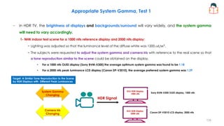 − In HDR TV, the brightness of displays and backgrounds/surround will vary widely, and the system gamma
will need to vary accordingly.
1- NHK indoor test scene for a 1000 nits reference display and 2000 nits display:
− Lighting was adjusted so that the luminance level of the diffuse white was 1200 𝑐𝑑/𝑚2
.
− The subjects were requested to adjust the system gamma and camera iris with reference to the real scene so that
a tone reproduction similar to the scene could be obtained on the display.
• For a 1000 nits OLED display (Sony BVM-X300) the average optimum system gamma was found to be 1.18
• For a 2000 nits peak luminance LCD display (Canon DP-V3010), the average preferred system gamma was 1.29
Appropriate System Gamma, Test 1
Sony BVM-X300 OLED display, 1000 nits
HLG HDR Display
1000 nits
HLG HDR Display
2000 nits
Canon DP-V3010 LCD display, 2000 nits
HDR Signal
System Gamma
Changing
Camera Iris
Changing
Target: A Similar Tone Reproduction to the Scene
by HDR Displays with Different Peak Luminances
135
 