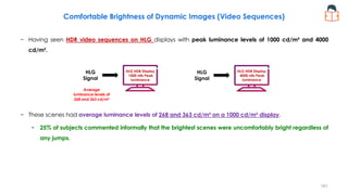 Comfortable Brightness of Dynamic Images (Video Sequences)
− Having seen HDR video sequences on HLG displays with peak luminance levels of 1000 cd/m² and 4000
cd/m².
− These scenes had average luminance levels of 268 and 363 cd/m² on a 1000 cd/m² display.
• 25% of subjects commented informally that the brightest scenes were uncomfortably bright regardless of
any jumps.
HLG HDR Display
1000 nits Peak
luminance
HLG
Signal
HLG HDR Display
4000 nits Peak
luminance
HLG
Signal
Average
luminance levels of
268 and 363 cd/m²
161
 