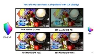 HLG and PQ Backwards Compatibility with SDR Displays
SDR Monitor (HD PQ)
HDR Monitor (4K HLG) SDR Monitor (HD HLG)
Slim
Wide & Tall
HDR Monitor (4K PQ)
167
 