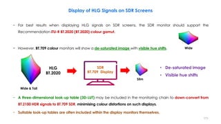 Display of HLG Signals on SDR Screens
− For best results when displaying HLG signals on SDR screens, the SDR monitor should support the
Recommendation ITU-R BT.2020 (BT.2020) colour gamut.
− However, BT.709 colour monitors will show a de-saturated image with visible hue shifts.
− A three-dimensional look-up table (3D-LUT) may be included in the monitoring chain to down-convert from
BT.2100 HDR signals to BT.709 SDR, minimising colour distortions on such displays.
− Suitable look-up tables are often included within the display monitors themselves.
HLG
BT.2020
SDR
BT.709 Display
• De-saturated image
• Visible hue shifts
Slim
Wide & Tall
Wide
171
 