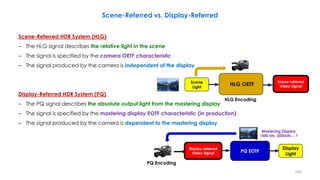 Scene-Referred HDR System (HLG)
– The HLG signal describes the relative light in the scene
– The signal is specified by the camera OETF characteristic
– The signal produced by the camera is independent of the display
Display-Referred HDR System (PQ)
– The PQ signal describes the absolute output light from the mastering display
– The signal is specified by the mastering display EOTF characteristic (in production)
– The signal produced by the camera is dependent to the mastering display
Scene-Referred vs. Display-Referred
Mastering Display
1000 nits, 2000nits,…?
PQ
PQ Encoding
Display
Light
Display-referred
Video Signal PQ EOTF
HLG Encoding
Scene
Light
Scene-referred
Video Signal
HLG OETF
192
 