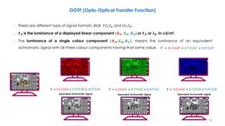 – There are different type of signal formats; 𝑅𝐺𝐵, 𝑌𝐶𝑟𝐶𝑏 and 𝐼𝐶𝑇𝐶𝑃.
– 𝑭𝑫 is the luminance of a displayed linear component {𝑹𝑫, 𝑮𝑫, 𝑩𝑫} or 𝒀𝑫 or 𝑰𝑫, in cd/m².
– The luminance of a single colour component (𝑹𝑫, 𝑮𝑫, 𝑩𝑫 ), means the luminance of an equivalent
achromatic signal with all three colour components having that same value.
OOTF (Opto-Optical Transfer Function)
Equivalent Achromatic Signal Equivalent Achromatic Signal Equivalent Achromatic Signal
𝑌′
= 0.2126𝑅′
+ 0.7152𝐺′
+ 0.0722𝐵′
𝑌 = 0.2126𝑅 + 0.7152𝑅 + 0.0722𝑅 𝑌 = 0.2126𝐺 + 0.7152𝐺 + 0.0722𝐺 𝑌 = 0.2126𝐵 + 0.7152𝐵 + 0.0722𝐵
53
 