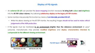 Display of PQ signals
− An external 3D LUT can provide the down-mapping function necessary to bring both colour and brightness
into the BT.709 colour volume, thus allowing satisfactory display on the legacy BT.709 monitor.
− Some monitors may provide this function by means of an internally provided 3D LUT.
• While this allows viewing on the BT.709 monitor, the resulting images should not be used to make critical
judgements of the HDR production.
− If PQ signals must be monitored in an environment brighter than the reference environment (5 𝑐𝑑/𝑚2
surround), manufacturers may provide modified brightness and display characteristics intended to
compensate for the different viewing environment.
PQ HDR Signal
SDR BT.709 Display
HDR Monitor (4K, PQ) SDR Monitor (HD, PQ)
3D LUT
72
 